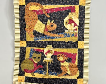 Vintage 90er Jahre Applizierte Patchwork Katzen Quilt Top Textilkunst Rework Upcycle