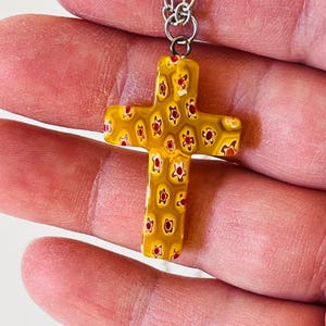 Vintage Millefiori Murano Art Glass Yellow Cross with Flowers Pendant Necklace 22 inch Chain