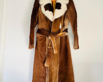 Chaqueta larga forrada con cinturón, hecha a mano en cuero genuino de vaca, estilo western, con flecos, vaquera, yeehaw, pradera, talla mediana.