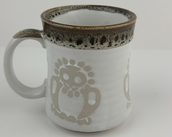 Vintage White Speckled Stoneware Owl Design Coffee Cup Tea Mug Cup Made in Japan