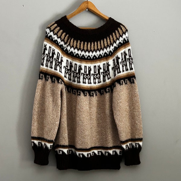 Vtg Brown and White Peruvian Alpaca Wool Knit Sweater Pullover Peru Llama Woolen Sweaters Size Large
