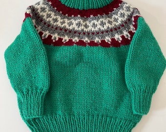 Hand Knit Nordic Yoke Icelandic Style Pullover Jumper Child's Sweater Toddler Size 2 Green Yarn Unused