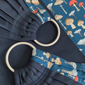 Sewfunky Designer Partera Pesa Sling Champignon Mushrooms on Navy Organic Cotton Twill Midwife Gift