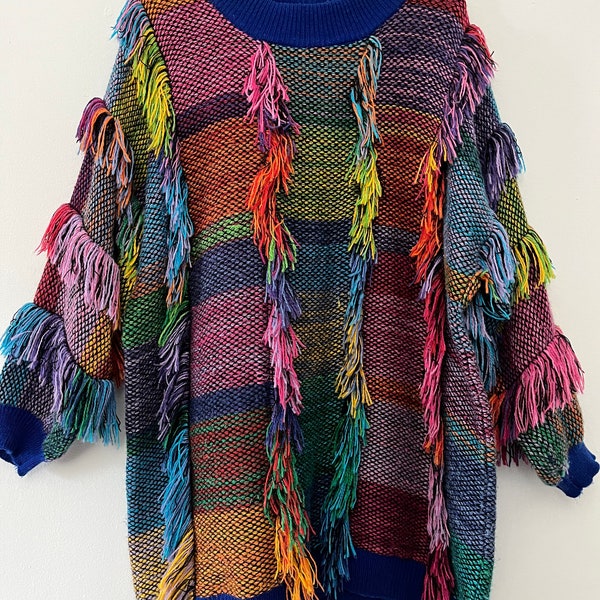 Vintage 20ANS By Mariea Kim Multicolor Fringe Shag Slouchy Long Tunic Short Mini Sweater Dress New Wave 80's Fashion Size Large