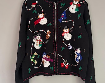 Vintage 90's Embroidered  Cotton/Ramie Christmas Holiday Xmas Snowman Snowflake Full Zip Cardigan Sweater Size M Y2K Fashion