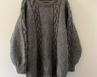 Vintage Hand Knit Woolen Cable Knit Gray Sweater 100% Wool Size XL