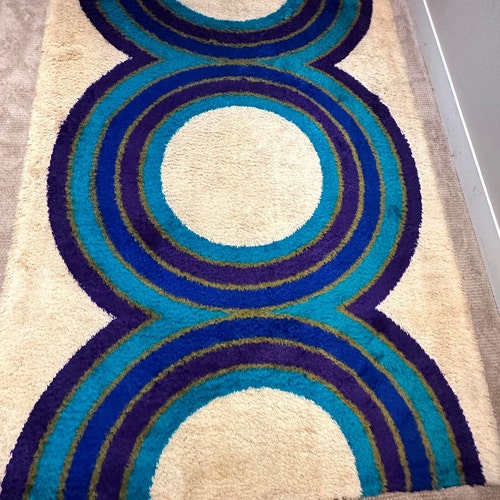 Vintage Maya Rug Hojer Eksport Wilton Blue and Cream Danish Rya