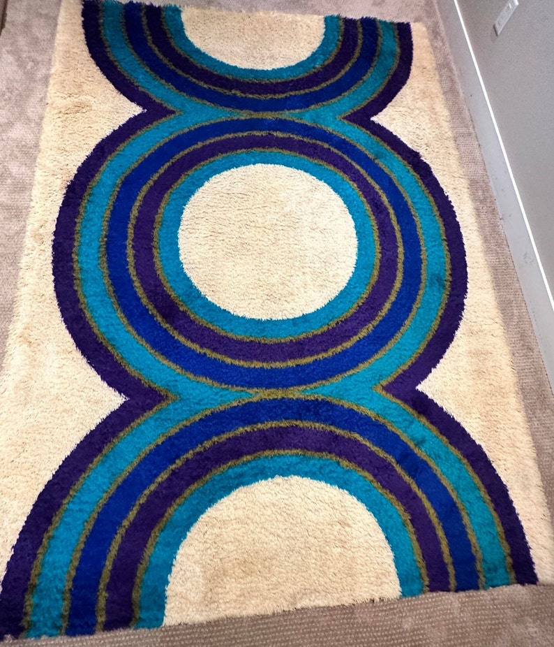 Vintage Maya Rug Hojer Eksport Wilton Blue And Cream Danish Rya Wool Rug 60's MCM Retro Minimal 200 x 300 cm 111 x 78.5 inches image 1