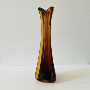 Vintage Mid Century Modern Murano Ribbed Swung Glass Vase MCM Amber Glass Swung Art Glass 14 inches