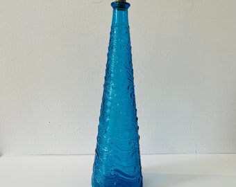 Vintage Mid Century Modern MCM Empoli Genie Bottle Decanter Blue Waves Glass Made In Italy 15.75 inches