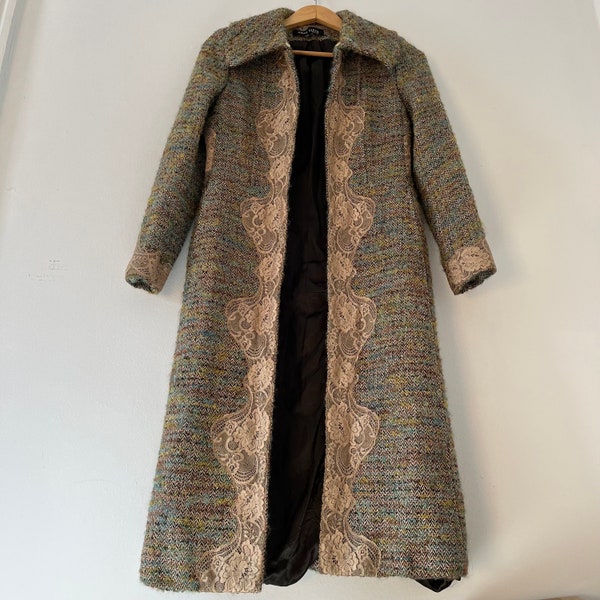 Vintage Anne Klein Silk Mohair Wool Long Lined Tweed Trench Coat Jacket Coat Open Front Size 6