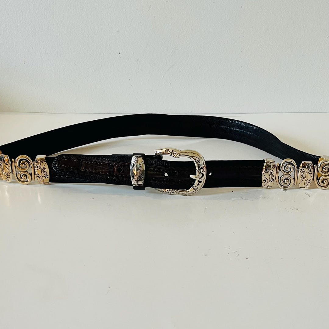 Vintage 1990's Brighton Leather Black Belt With Silver Metal