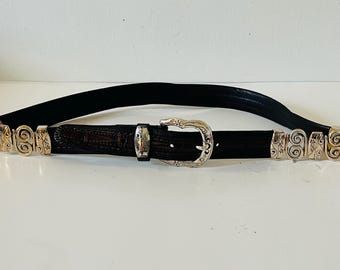 Vintage jaren 1990 Brighton lederen zwarte riem met zilveren metalen bloemendetail maat 38 western stijl cowgirl riem Yeehaw