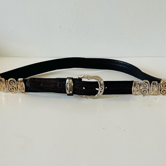 ブラック ウエスタン レザーベルト コンチョ 90s Y2K brighton Vintage 1990's Brighton Leather Black Belt With Silver Metal