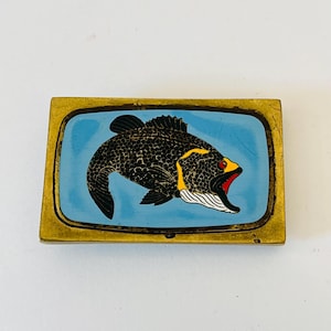 Vintage 70&#39;s Solid Brass Large Mouth Bass Fish Fishing Fisherman Enameled Belt Buckle