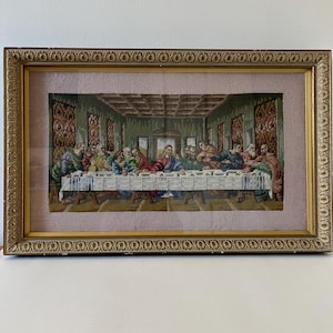 Vintage Large Wool Needlepoint Embroidery Leonardo Da Vinci&#39;s The Last Supper Tapestry Completed Professionally Framed Wall Art