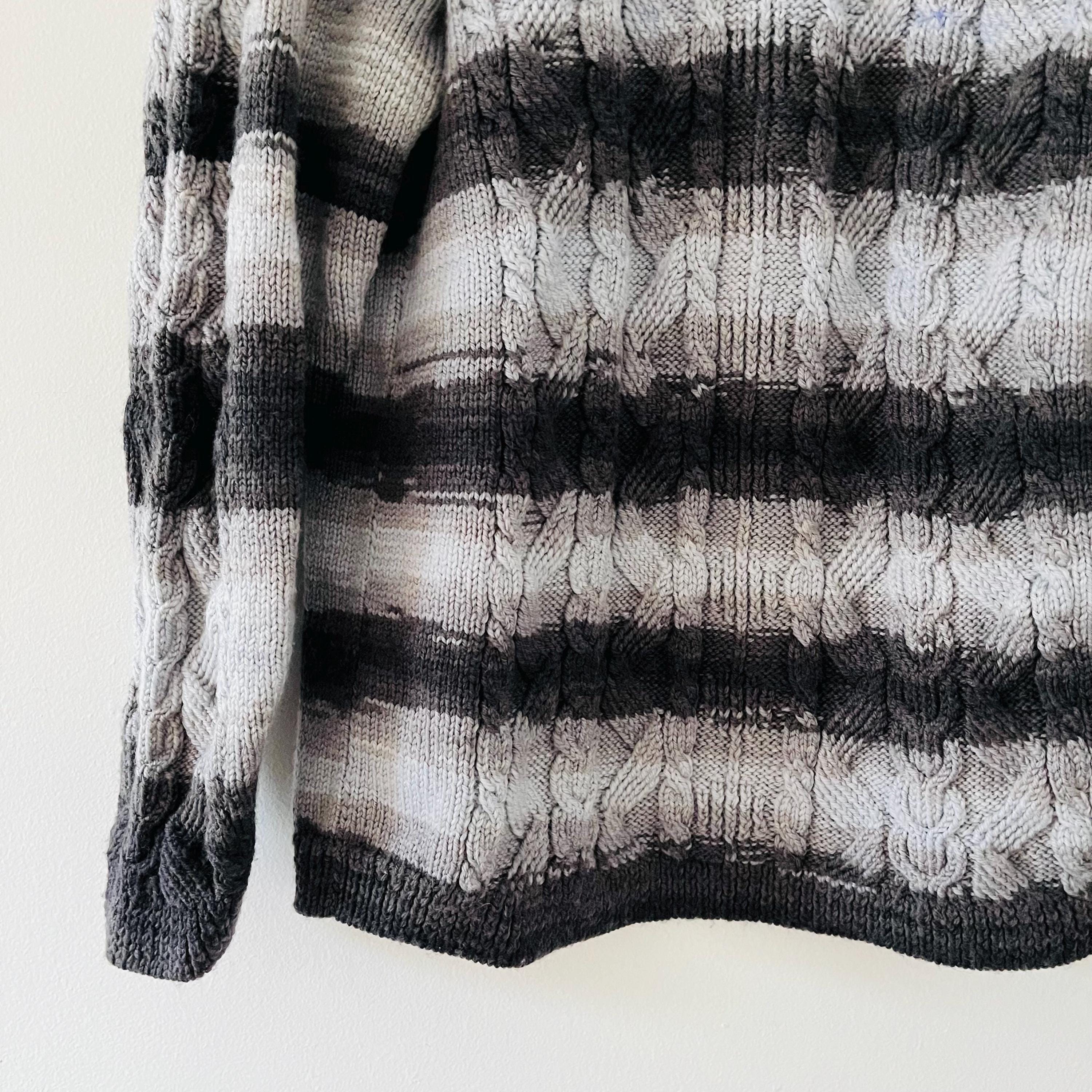 Vintage Hand Knit Variegated Gray Stripes Soft Wool Cable