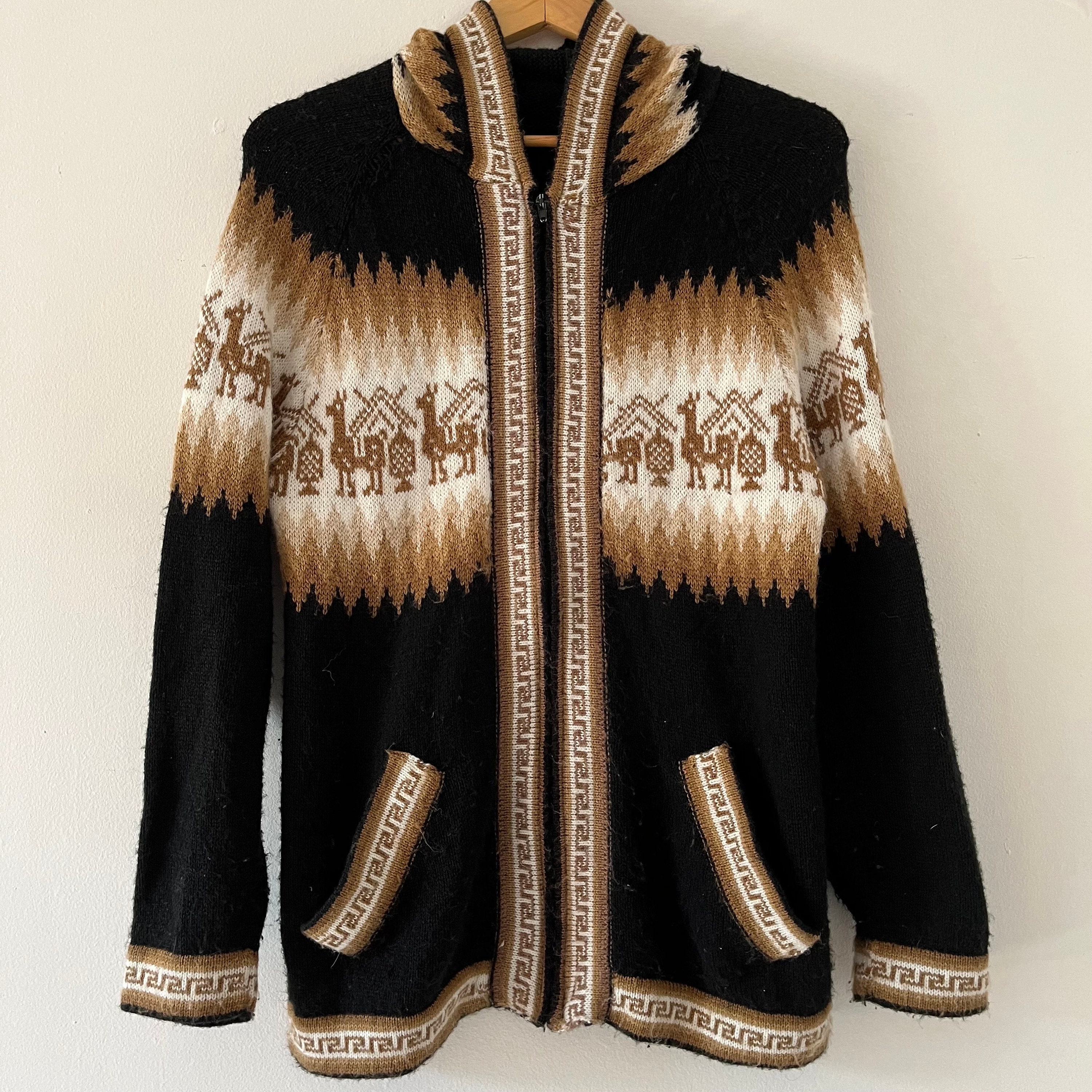 Vintage Black and Brown Peruvian Alpaca Wool Knit Sweater