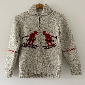 Vintage Hand Knit Wool Cowichan Mary Maxim Style Shawl Neck Skiing Ski Zip Up Lined Cardigan Sweater Youth Size Medium