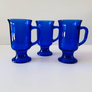Vintage 1970&#39;s Anchor Hocking Cobalt Blue Large 16oz Glass Coffee Cup Tea Mug Pedestal Mug Set of Three Mugs made in USA