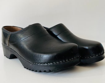 Chaussures en bois Træsko vintage mules sabots noirs sans lacet compensés en caoutchouc décontracté confort taille 42EU fabriqué au Danemark mode des années 70