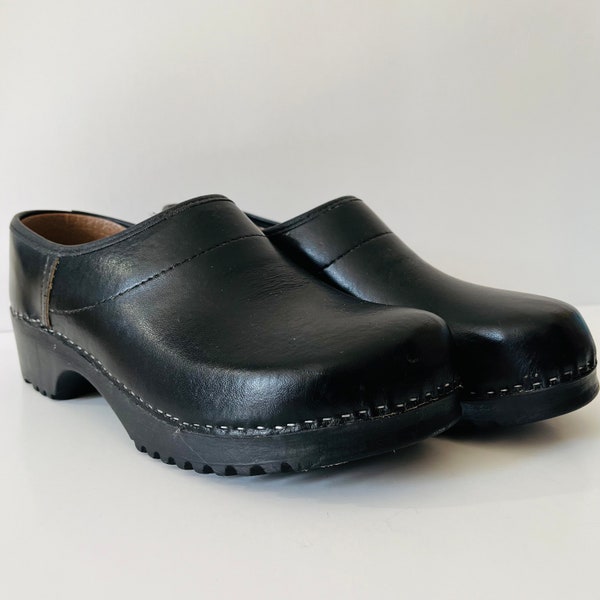 Chaussures en bois Træsko vintage mules sabots noirs sans lacet compensés en caoutchouc décontracté confort taille 42EU fabriqué au Danemark mode des années 70