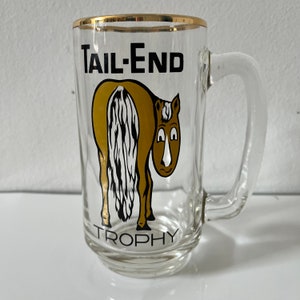 Vintage Tail End Trophy Donkey Beer Stein Glass Tumbler Retro Barware 70s Decor
