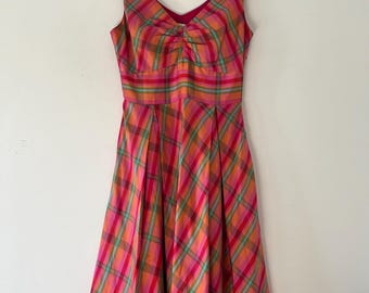 Coldwater Creek Vintage 100% Silk Plaid Midi Sundress Fit & Flare Pink Orange 10