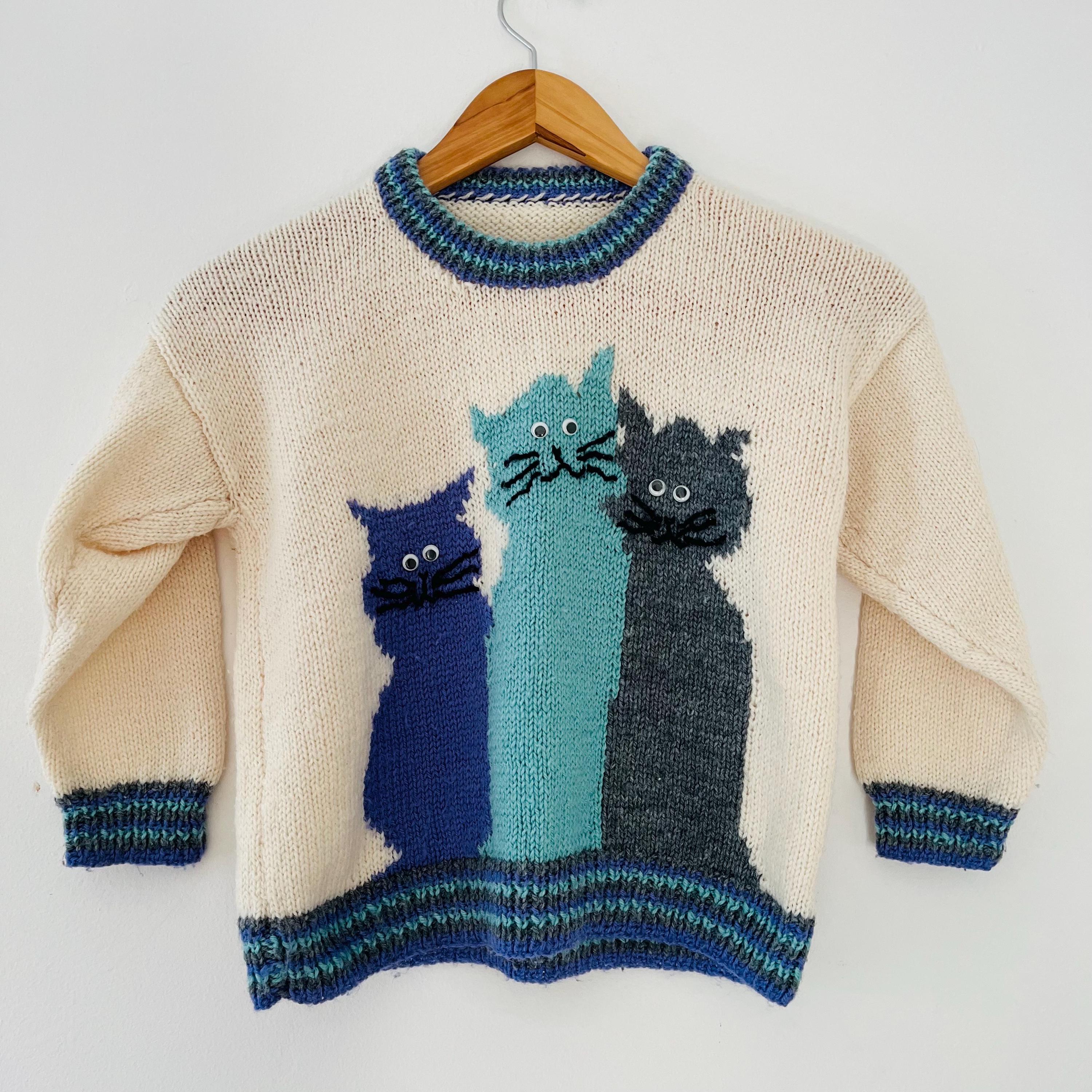 ヴィンテージハンドニットアクリルキッズキャット子猫プルオーバー