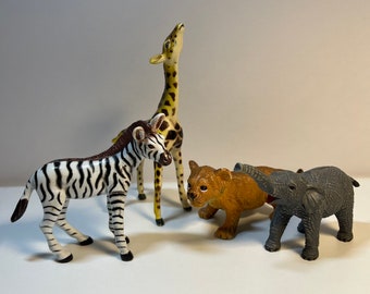 Vintage AAA Giraffe Calf and Lion Cub Elephant Zebra Foal Toy Plastic Animals