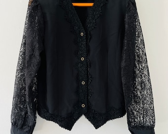 Vintage 80's Nu-Look Sheer Puff Long Sleeve Lace Blouse Size Small