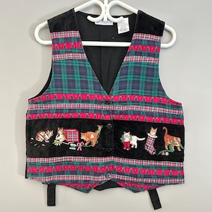 Vintage 1990&#39;s Oak Hill 100% Cotton Velvet and Tapestry Fabric Christmas Xmas Cats Kittens Cat Lovers Button Up Vest Y2K Fashion Size M