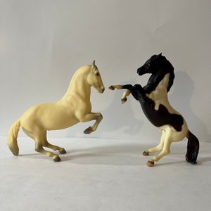 Vintage Retired Breyer Horse Model Rearing White Alabaster Stallion and Classic Bay Pinto Rearing Horse