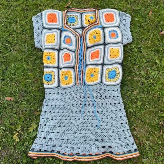 Vintage Crocheted Granny Square Boho Cotton Top XS