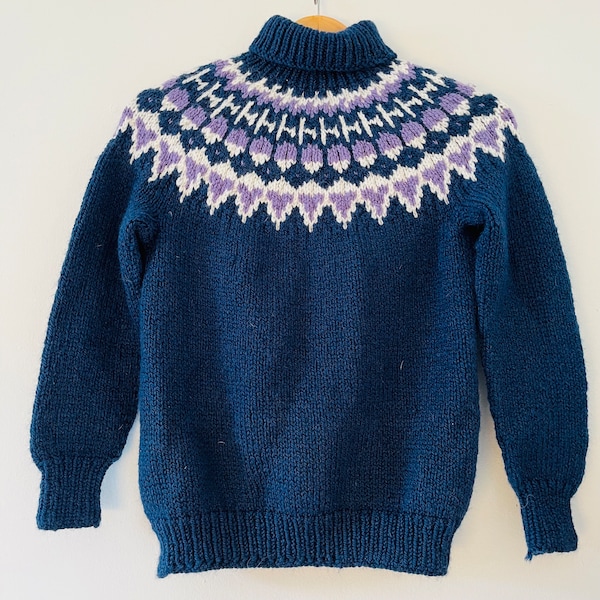 Vintage Hand Knit Acrylic Child's Turtleneck Sweater Nordic Yoke Design Blue/Purple/White Icelandic Style Size 8-10 years