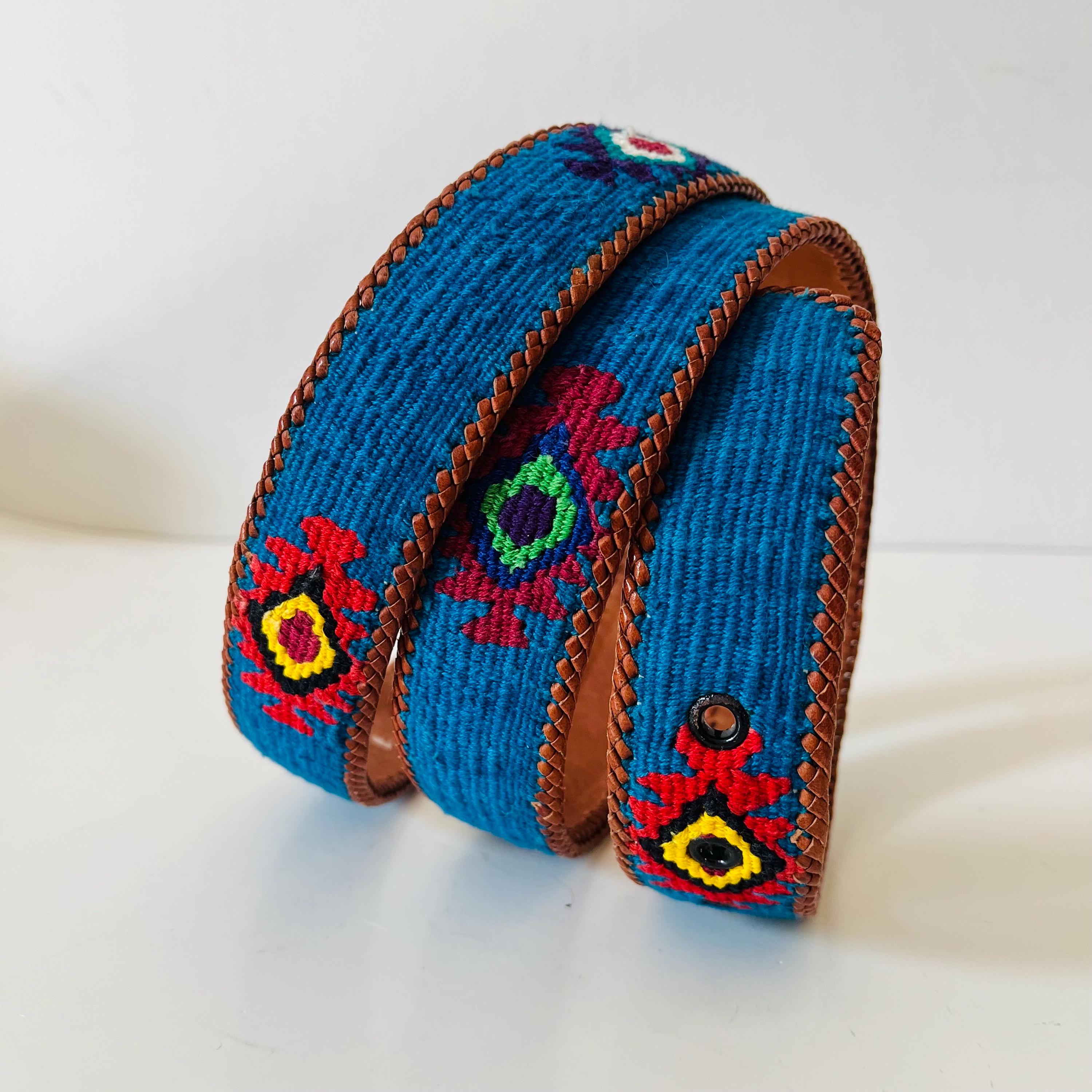 Blue & Black Vintage Mayan Designs Guatemalan Woven Belt w/ Large Stone Accents Agua Handwoven Belt – Maya Artisan Woven Belt | Antigua Threads main image 3
