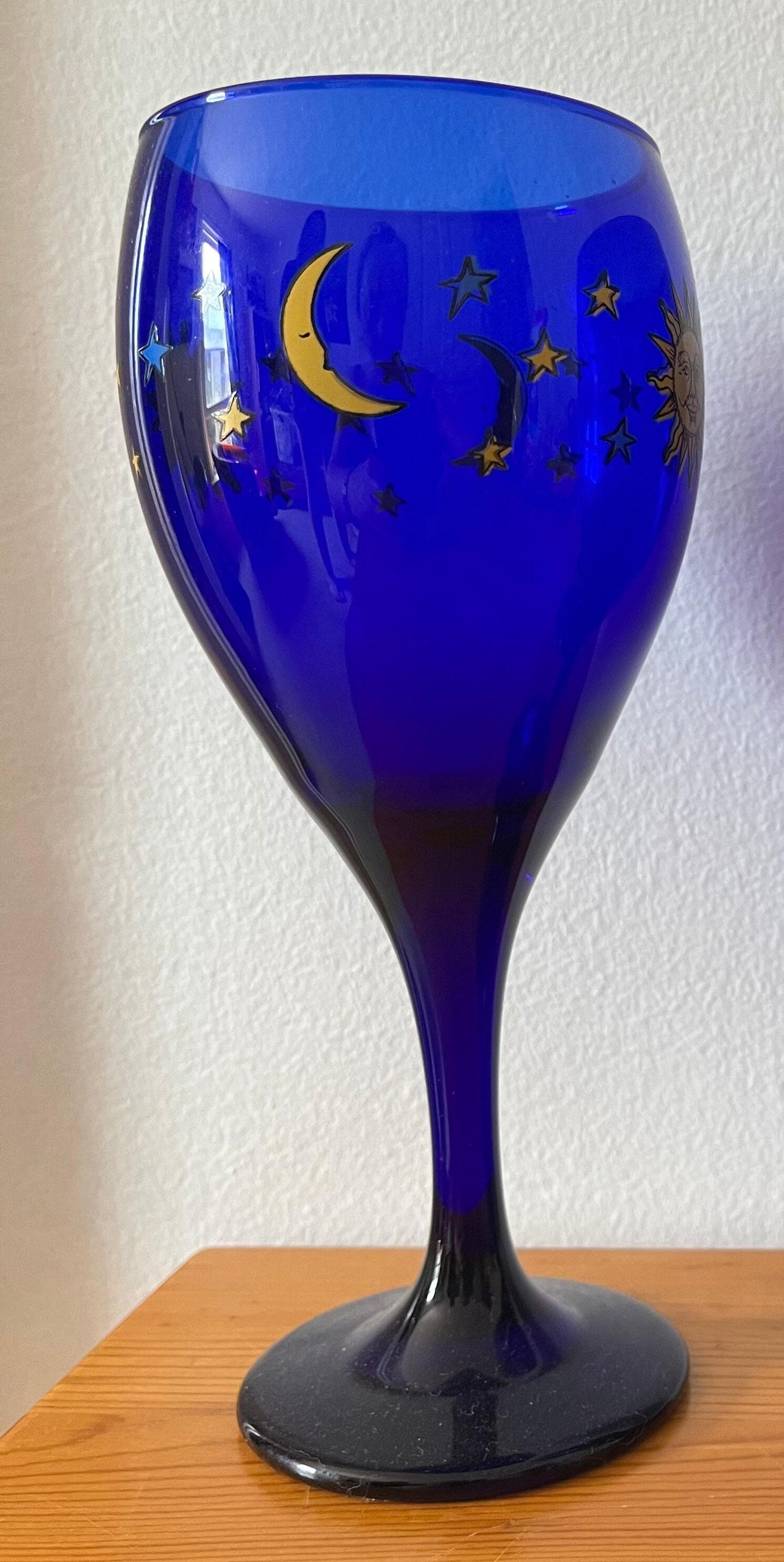 Vintage 90's Libbey Celestial Sun Moon & Stars Cobalt Blue Wine