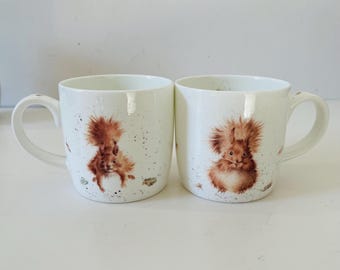 Royal Worcester Wrendale Designs Squirrel Mugs Set of 2 "Between Friends" & "Treetops Redhead" Fine Bone China Woodland Mugs by Hannah Dale