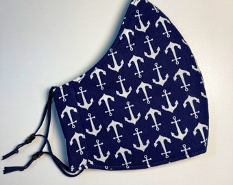 Anchors Away Cloth Reusable Cotton Face Mask with Adjustable Elastic Ear Loops - Triple Layer