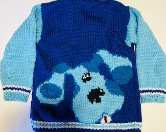 Vintage Hand Knit Kid's  Blue Dog Button Up Cardigan Sweater Child's Size 3-4 years
