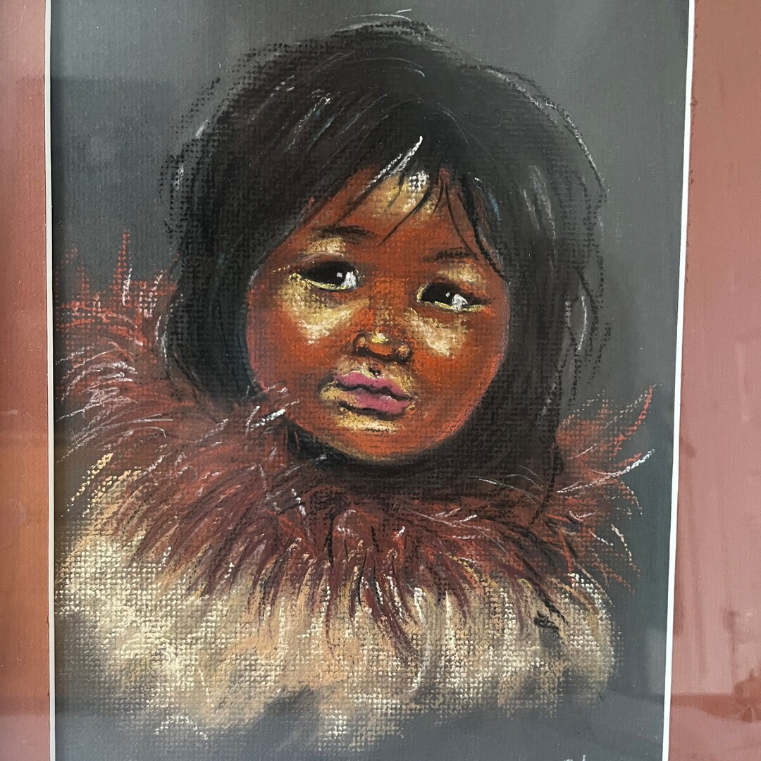Vintage Framed Original Art by Ron Sainsbury of Beautiful Inuit Child