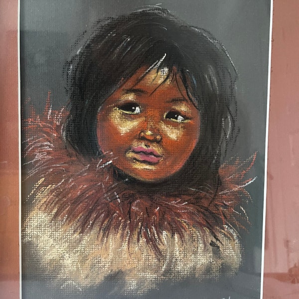 Vintage Framed Original Art by  Ron Sainsbury of Beautiful Inuit Child Canadian Artist