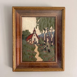 Vintage 1919 Embroidered Village Church in the Hills Cottagecore Art Crewelwork  Needlepoint Handwork Wall Art Floral Embroidery Textile