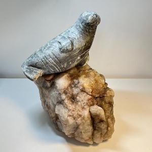Vintage Inuit Soapstone Walrus Carving Statue Figurine Figure Sitting on a Quartz Crystal Rock 4kg
