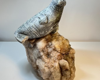 Vintage Inuit Soapstone Walrus Carving Statue Figurine Figure Sitting on a Quartz Crystal Rock 4kg