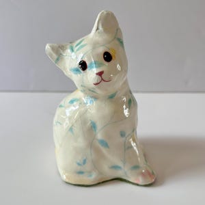 Vintage 70&#39;s 80&#39;s Ceramic Floral Cat Figurine with Felt Bottom Cat Lovers Gift Kitsch Home