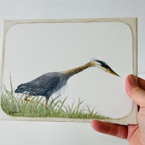Vintage Marlene Eagen Porcelain Artist Hand Painted Ceramic Tile Blue Heron