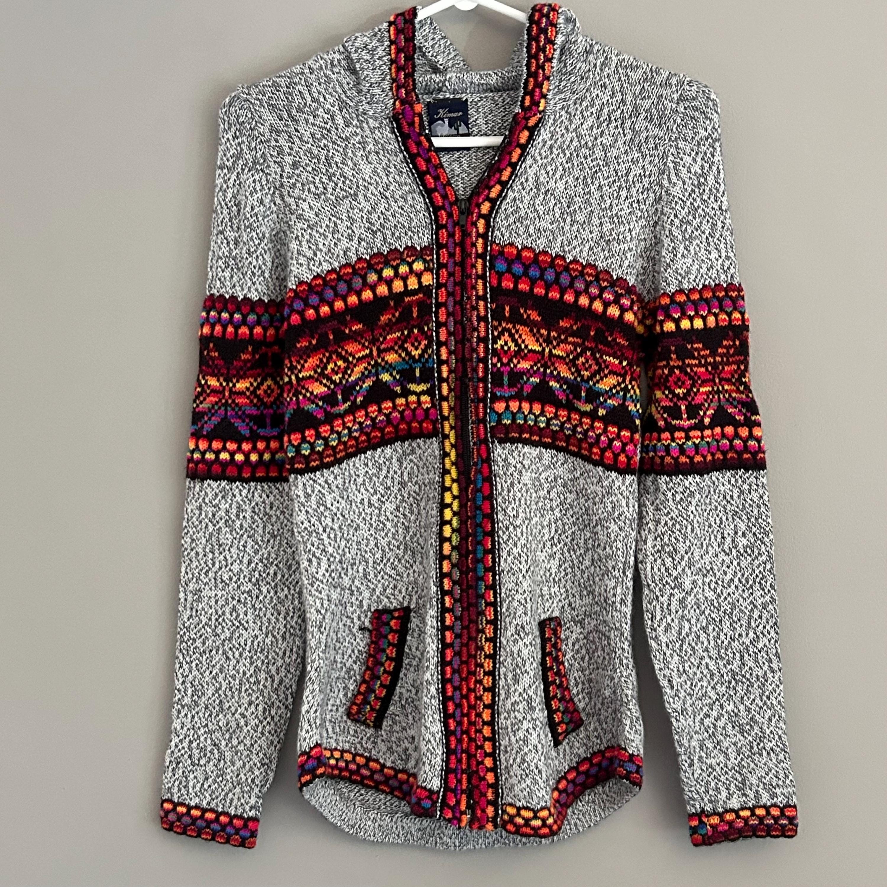 Vintage Peruvian Alpaca Wool Knit Sweater Zip up Hooded Cardigan