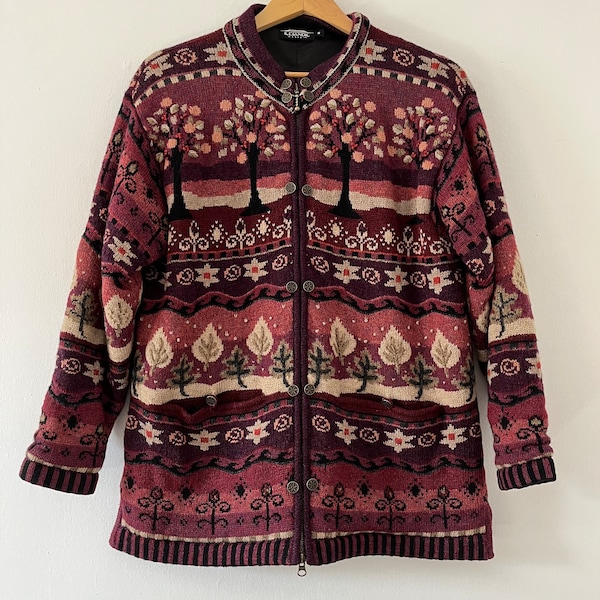 Vintage Icelandic Design 100% Wool Woolen Lined Sweater Cardigan Jacket 80's  Size M