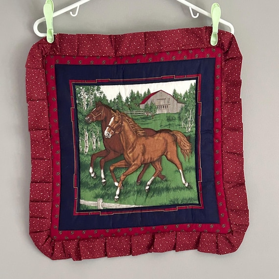 Vintage Horse Throw Pillow Pillowcase Equestrian Farmhouse Western Themed Decor Cranston Horse Quilt Square Fabric With Ruffled Trim